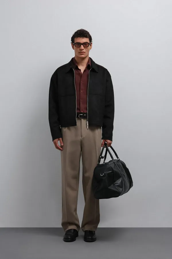 Antioch Siyah Fermuarlı Suni Süet Erkek Mont