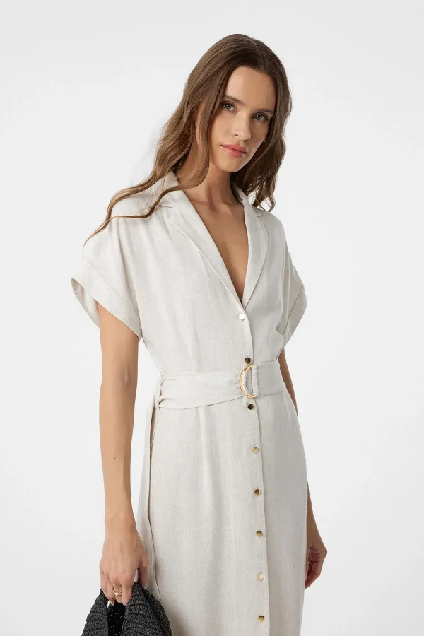 Antioch Ecru Linen Blend Belted Women's Dress