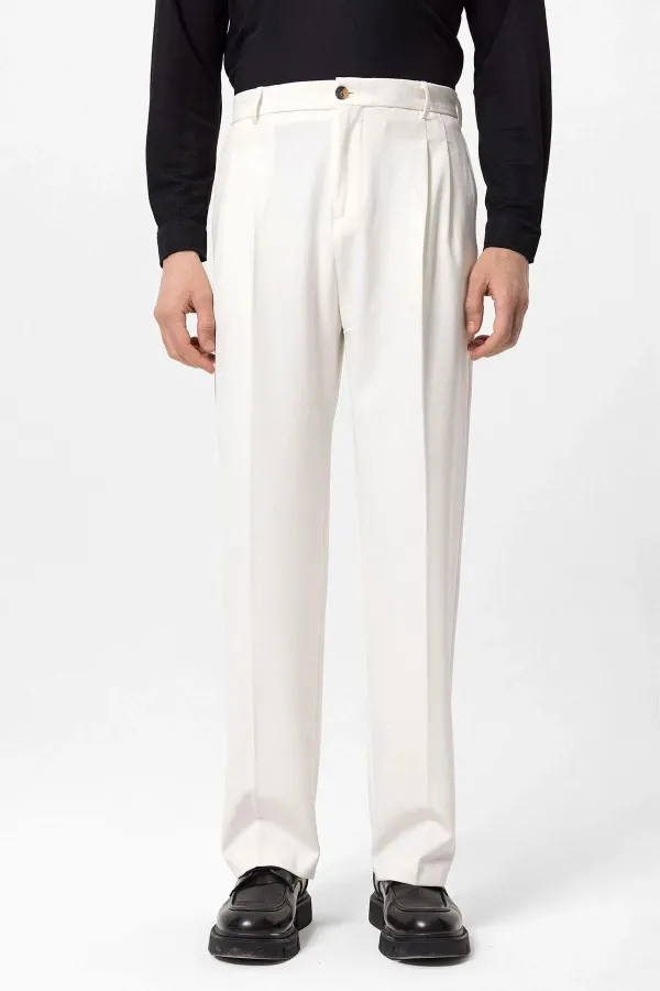 Pantalon Antioch écru à taille haute plissé et coupe décontractée pour homme