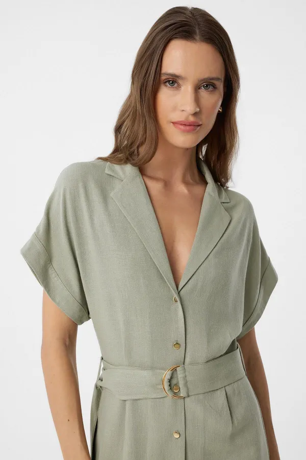 Antioch Khaki Linen Blend Belted Women's Dress