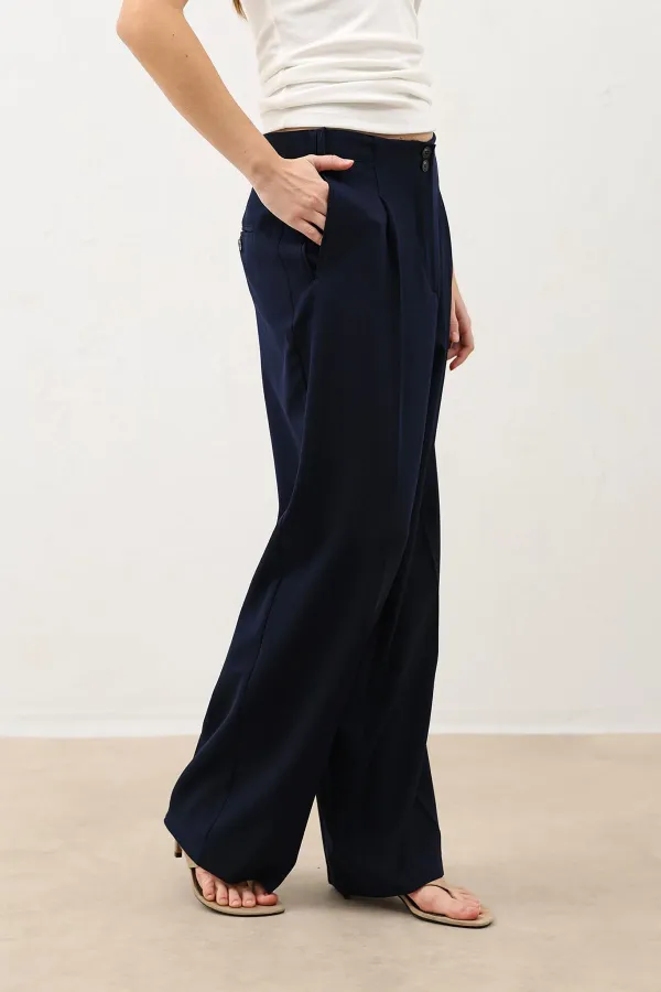 Antioch Navy Blue Wide Leg Women's Trousers with Pens Detail