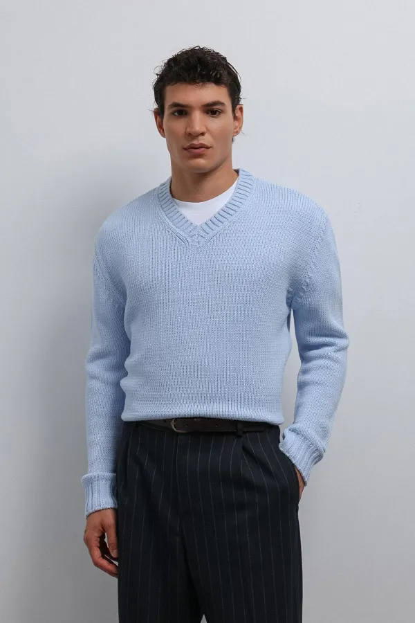 Pull Antioch Bebe bleu texturé à col en V pour garçon