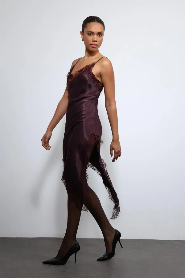 Antioch Bordo Asimetrik Dantel Elbise