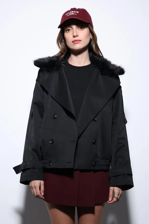 Antioch Siyah Suni Kürklü Kısa Kadın Trençkot