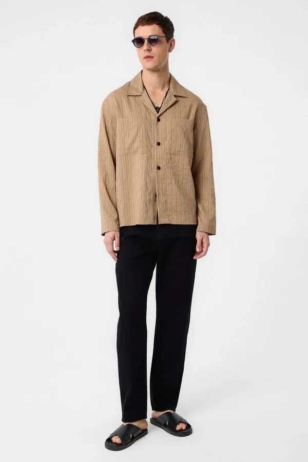 Antioch Açık Kahve Modal Kumaş Çizgili Erkek Gömlek