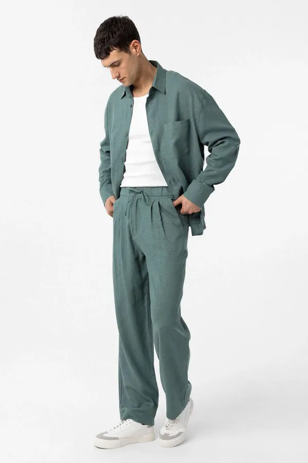 Antioch Green Linen Blend Baggy Men's Pants with Belt