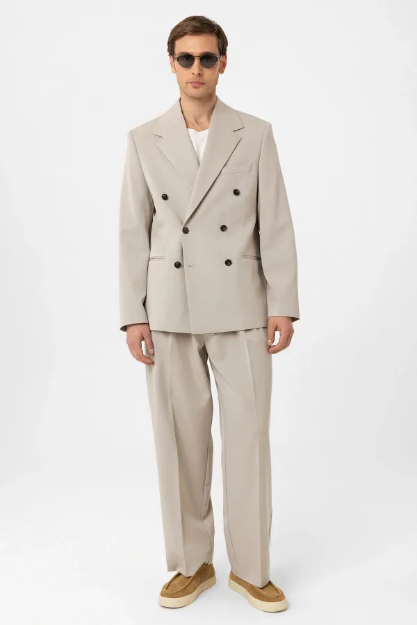 Antioch Bej Relax Fit Kruvaze Erkek Blazer Ceket