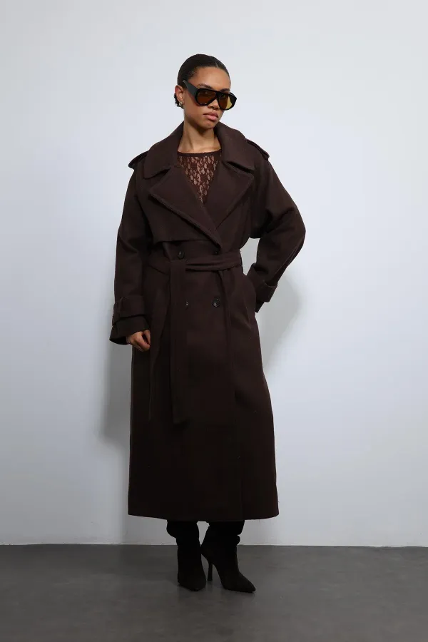 Antioch Kahve Oversize Kemerli Kaban