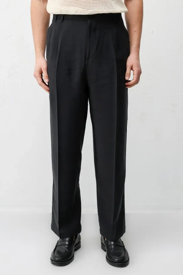 Antioch Black Lyocell Relaxed Fit Pleated Men's Trousers