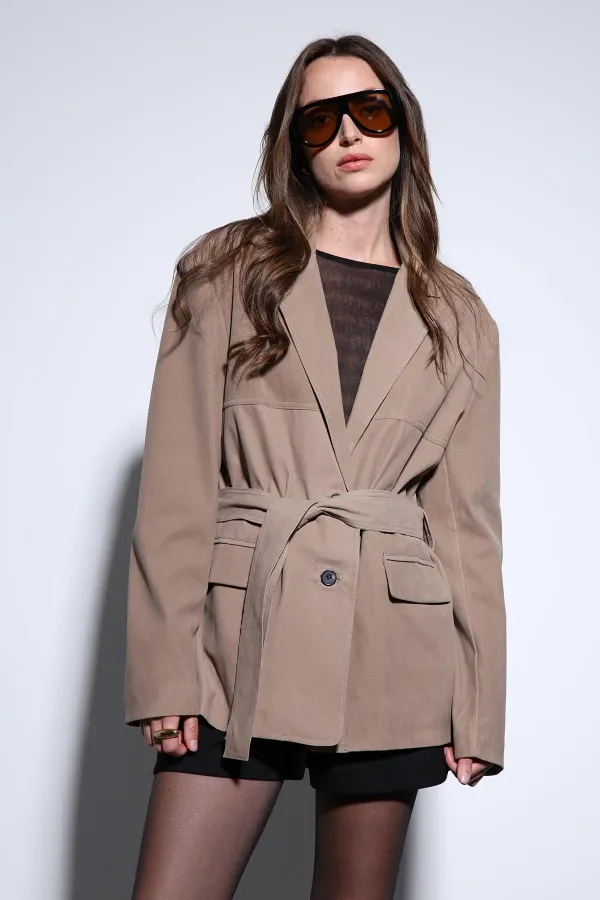 Antioch Bej Kuşak Bağlamalı Süet Kadın Ceket