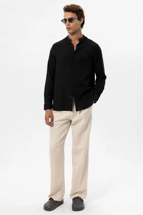 Antioch Black Mandarin Collar Woven Men's Shirt