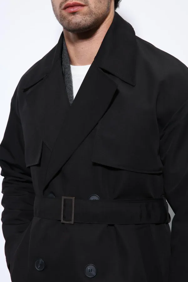 Trench-coat Antioch noir à double boutonnage avec ceinture