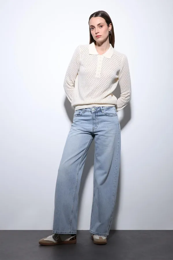 Antioch Ecru Polo Collar Patterned Knit Women's Sweater