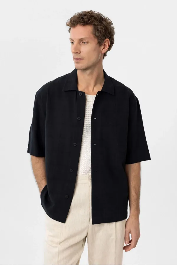 Antioch Black Textured Jacquard Cotton Men's Short-Sleeve Shirt
