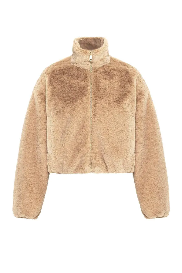 Antioch Beige Women's Faux Fur Coat with Elastic Waistband