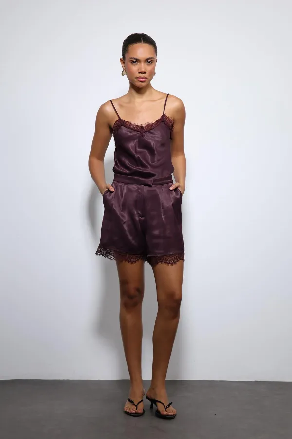 Antioch Bordo Dantel Detaylı Saten Top