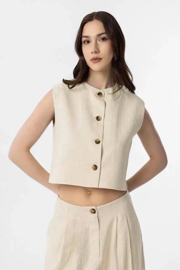 Antioch Natur Keten Karışımlı Kadın Yelek