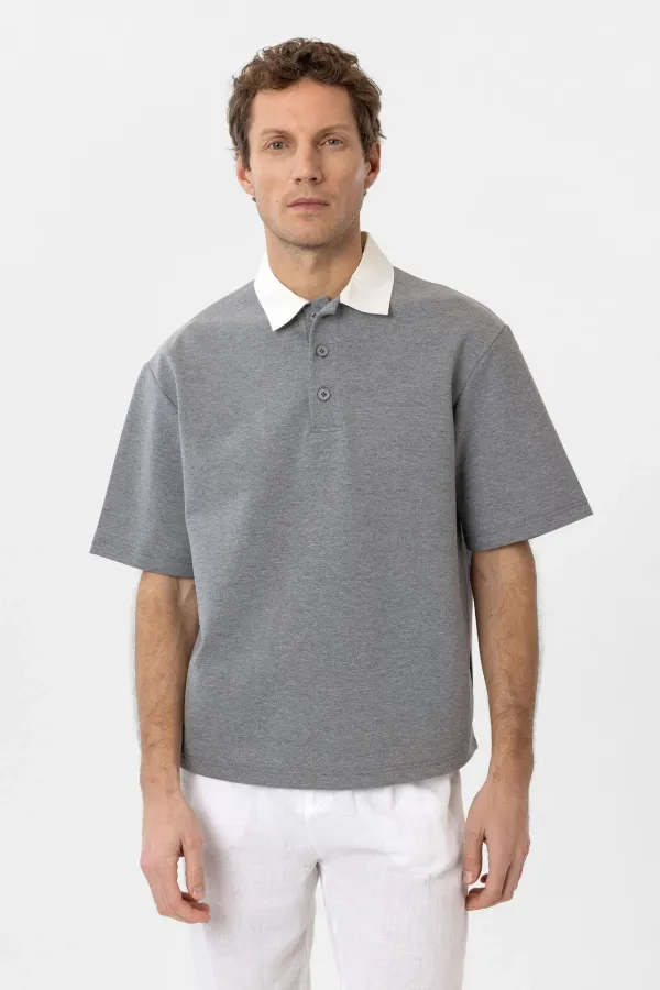 T-shirt homme Antioch gris à col contrastant et texture interlock