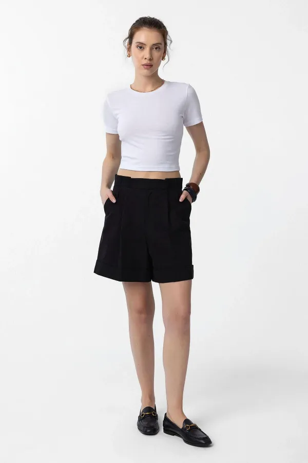 Antioch Siyah Yüksek Bel Pensli  Kadın Bermuda Şort