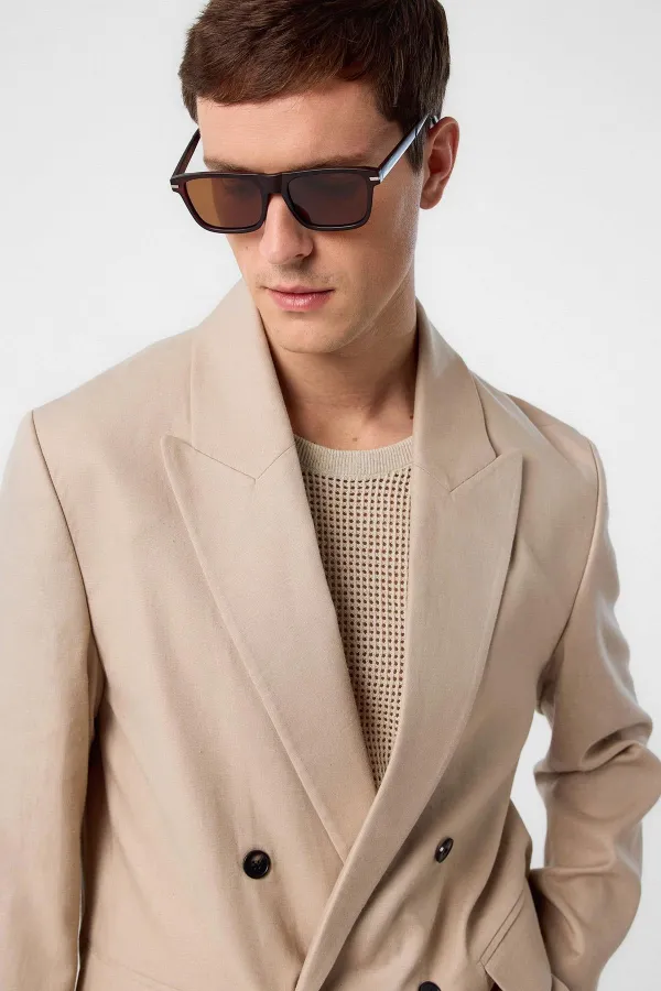 Antioch Bej Relax Fit Keten Karışımlı Erkek Blazer Ceket