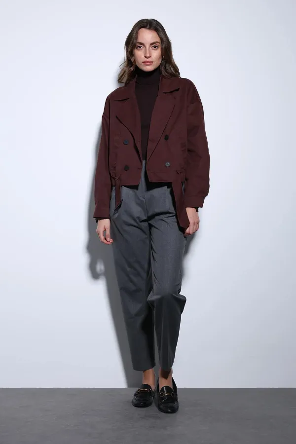 Antioch Bordo Kruvaze Kısa Kadın Trençkot