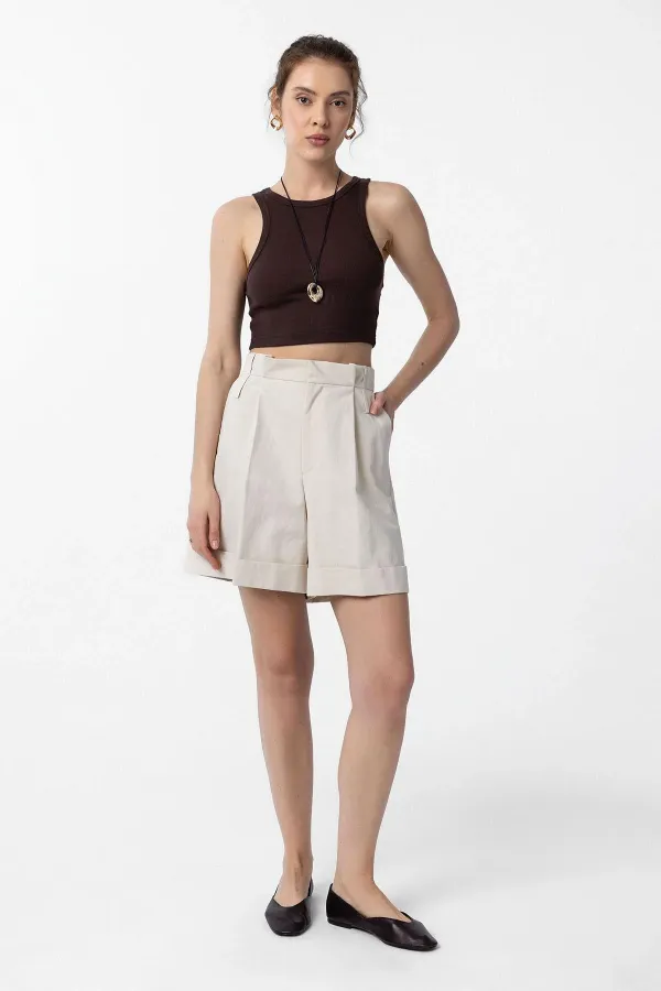 Antioch Taş Yüksek Bel Pensli  Kadın Bermuda Şort