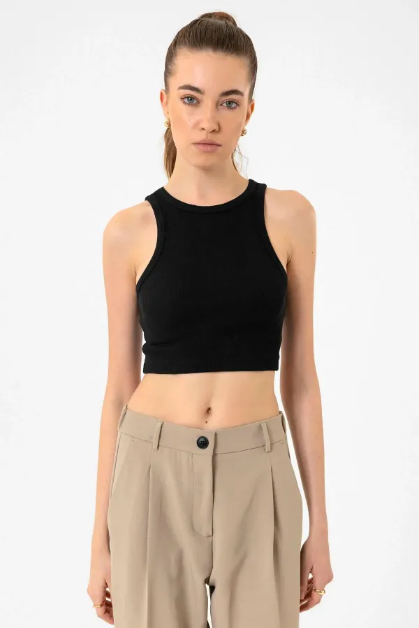 Débardeur court côtelé noir Antioch pour femme