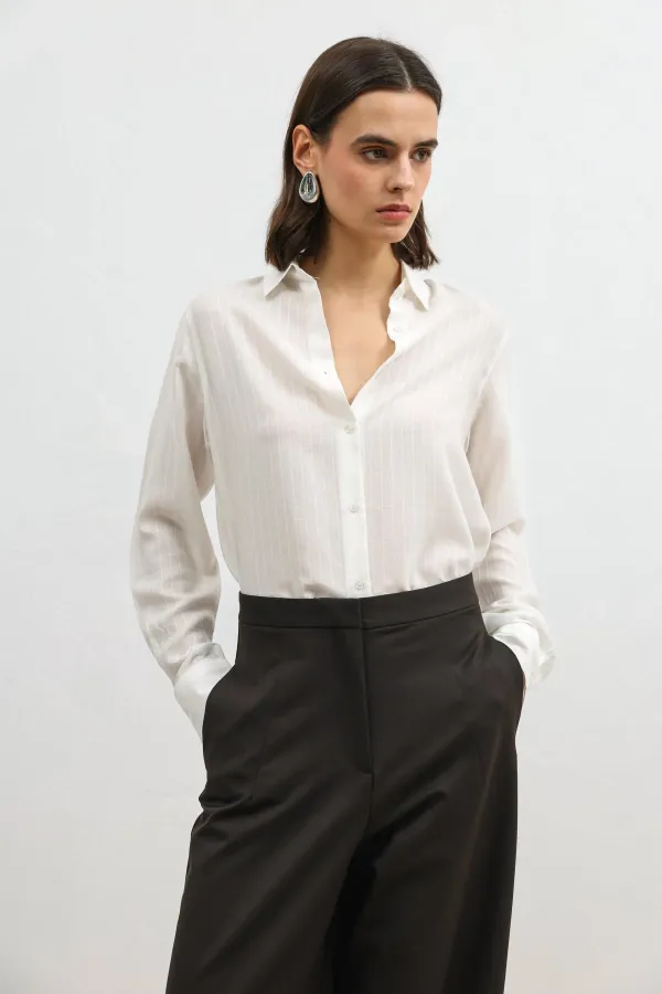 Antioch Ecru 100% Lyocell Striped Women's Shirt with Handkerchief