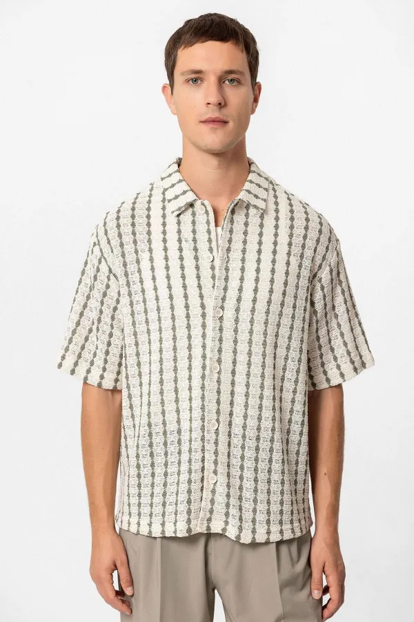 Antioch Khaki Striped Knitted Short-Sleeved Men's Shirt