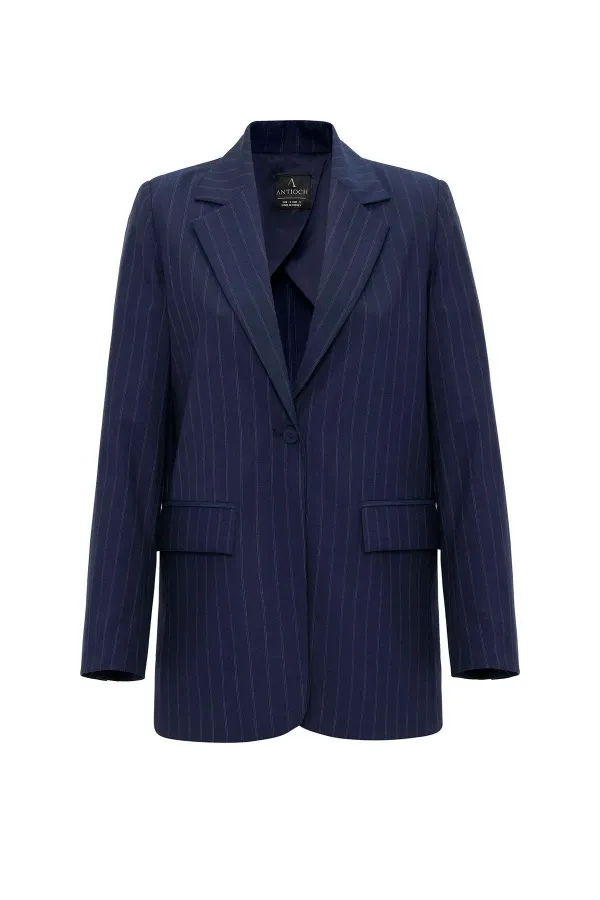 Antioch Lacivert Kadın Tek Düğme Çizgili Blazer Ceket