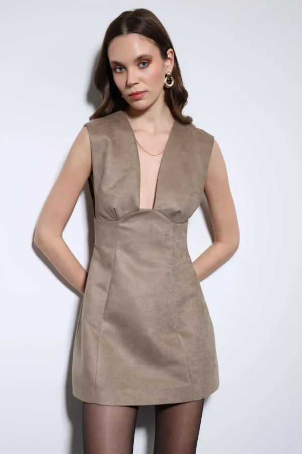 Antioch Bej Dekolteli Kısa Elbise