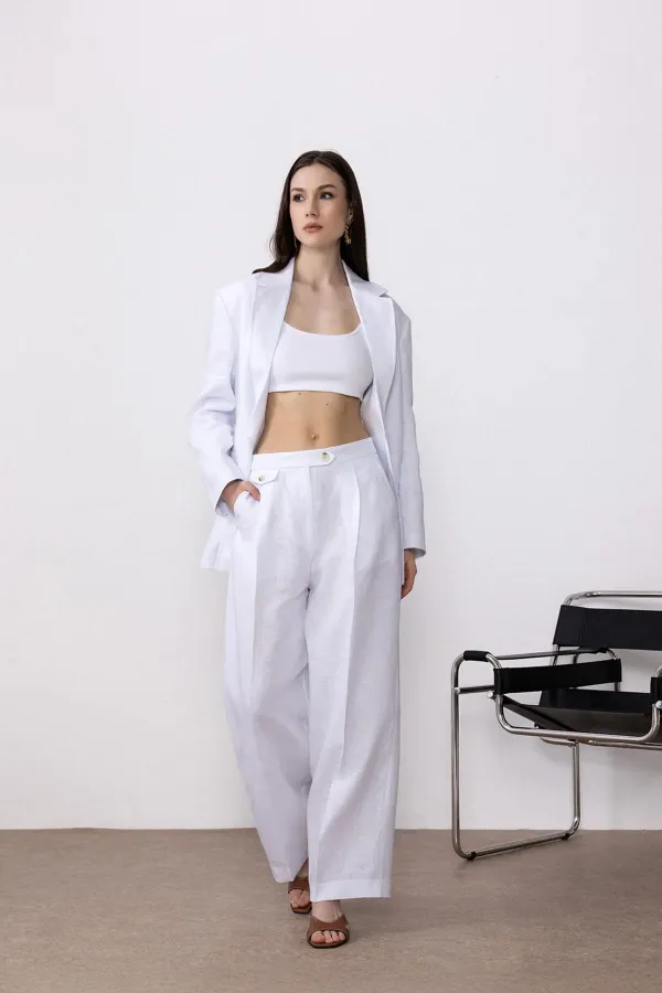 Antioch Beyaz 100% Keten Yüksek Bel Pilili Kadın Pantolon