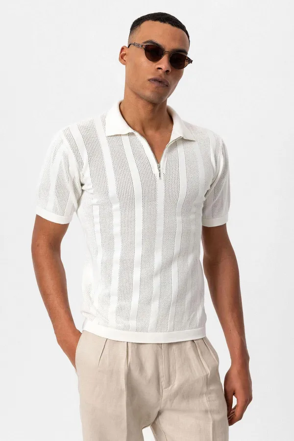 Polo blanc Antioch à col zippé pour homme