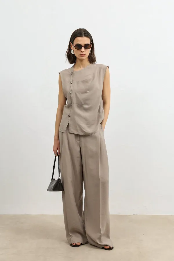 Antioch Beige Lyocell Blend Wide Leg Women's Trousers