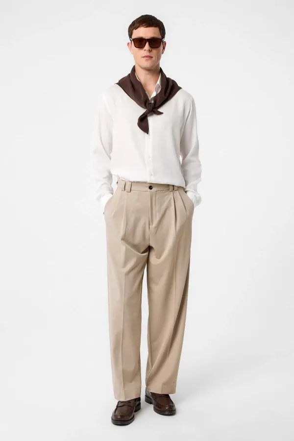 Antioch Koyu Bej Yüksel Bel Relax Fit Pileli Erkek Pantolon