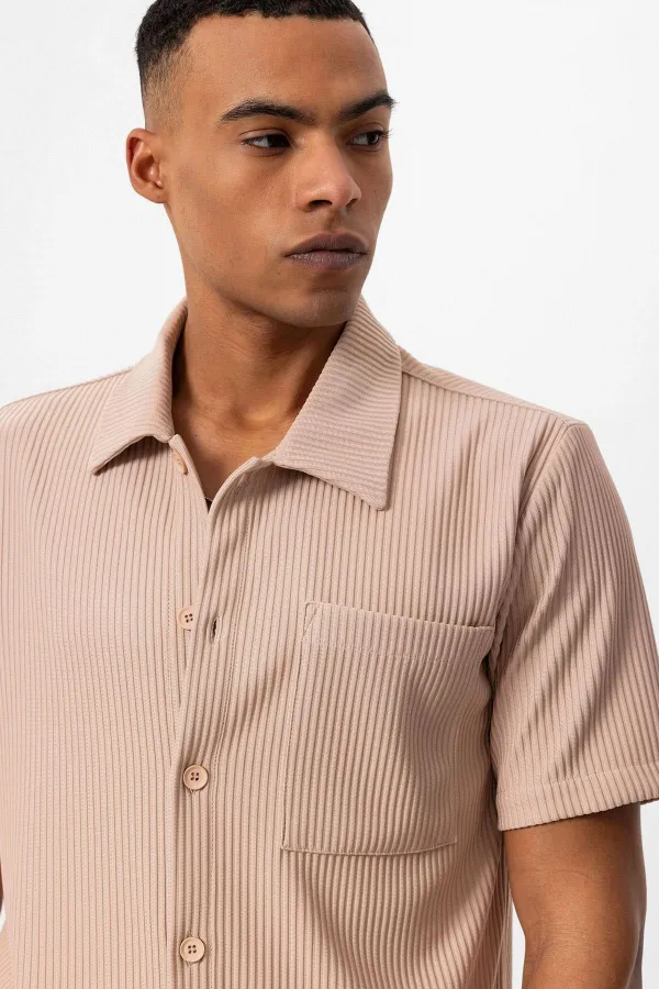Antioch Beige Corduroy Short-Sleeved Men's Shirt