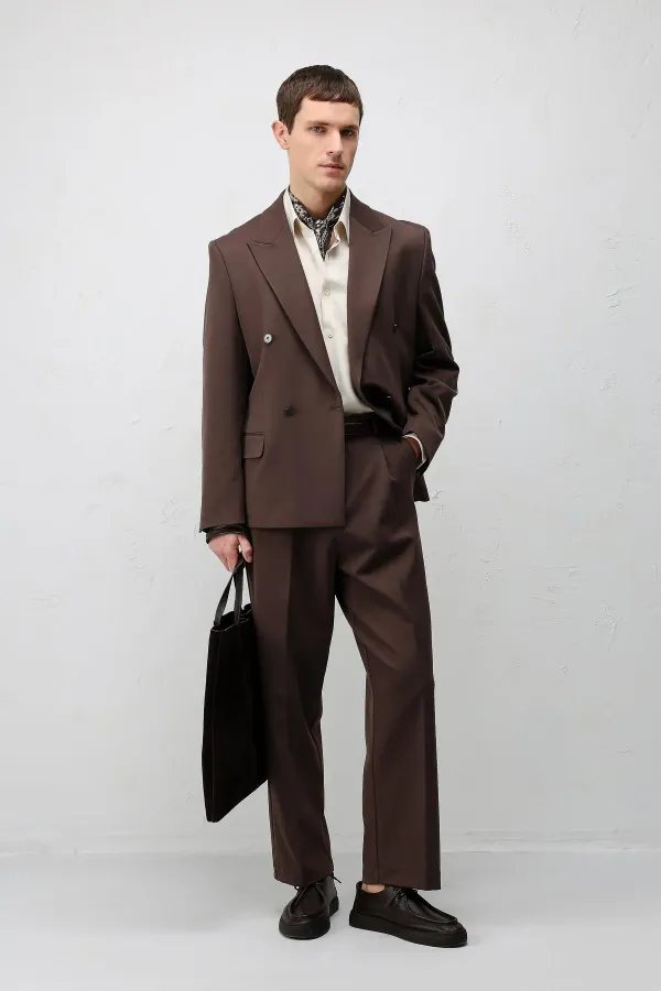 Antioch Koyu Kahve Relax Fit Kruvaze Erkek Blazer Ceket