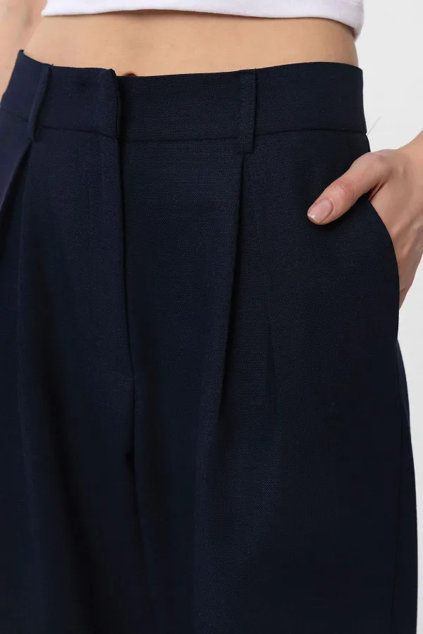 Antioch Navy Blue Pleated Soft Ankle Length Women's Trousers