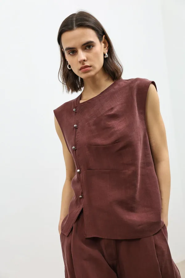 Antioch Burgundy Lyocell Blend Buttoned Women's Top