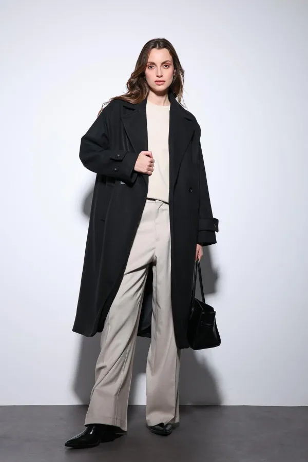 Antioch Siyah Kadın Yumuşak Dokulu Oversize Kruvaze Kaban