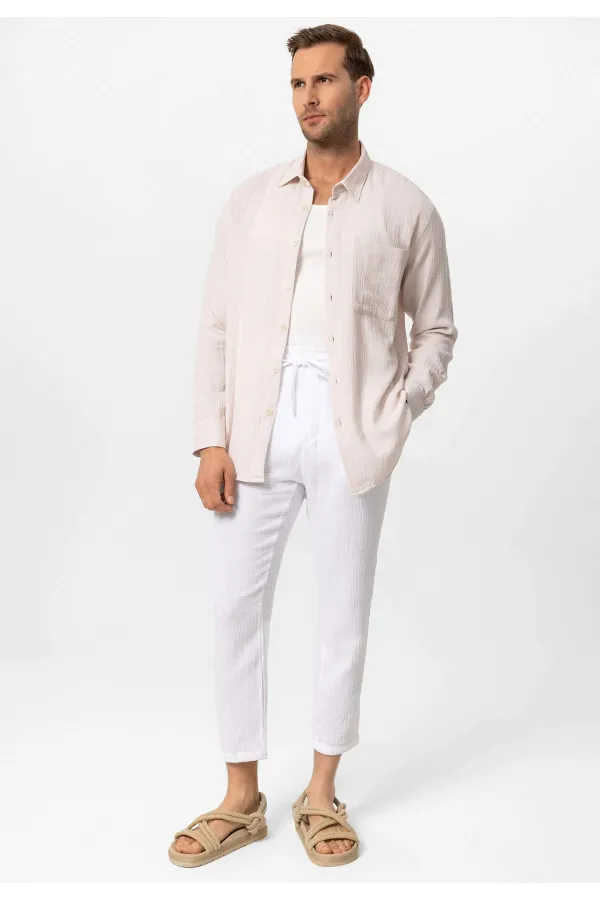 Antioch Ecru Muslin Fabric Long-Sleeve Men's Shirt