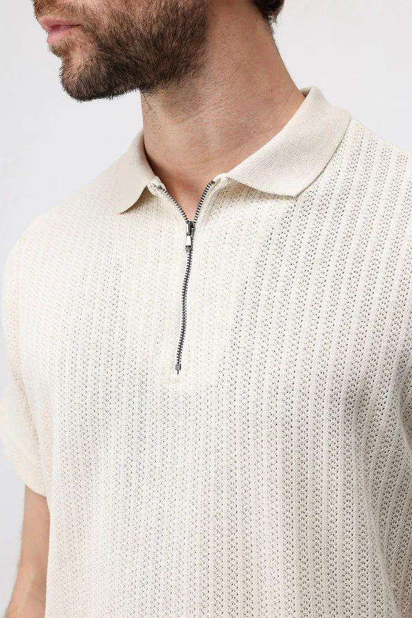 T-shirt polo homme Antioch blanc cassé en maille texturée