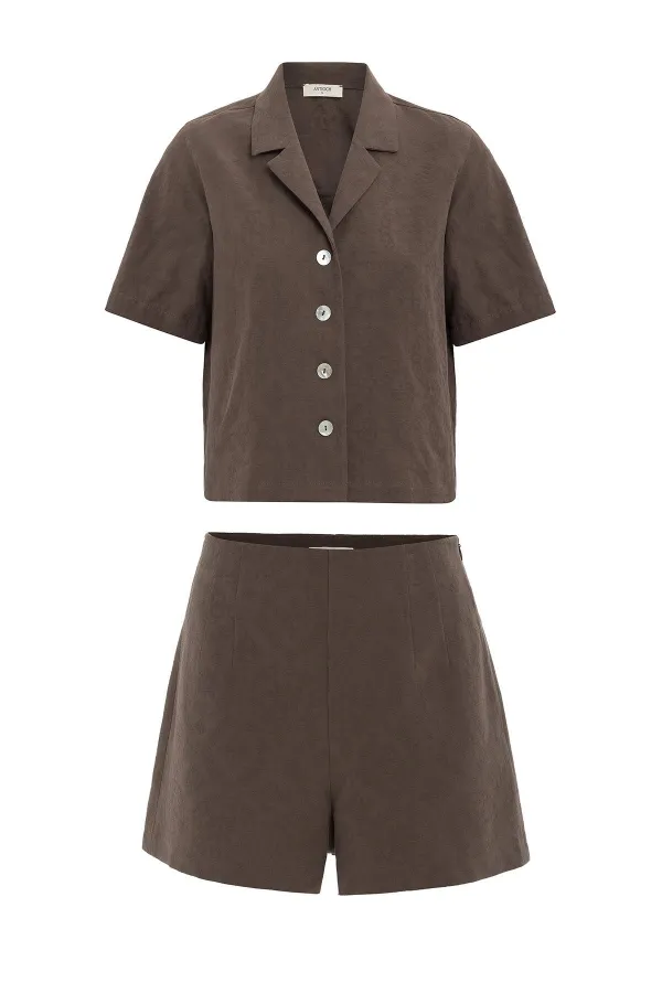 Antioch Kahve Gömlek Şort Kadın Takım