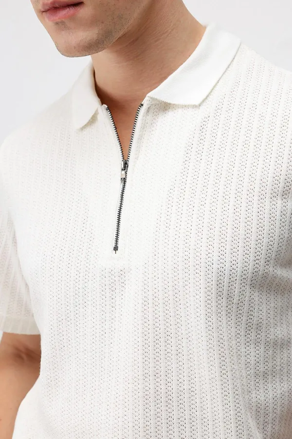 Antioch Beyaz Dokulu Örme Polo Yaka Erkek T-Shirt