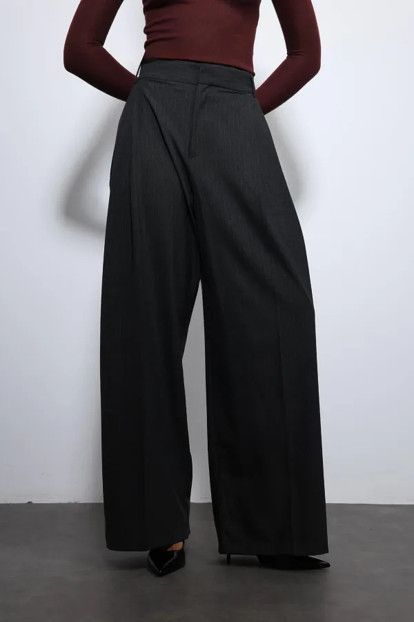 Antioch Füme Çizgili Geniş Paça Pantolon