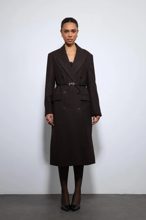 Antioch Kahve Balıksırtı Desenli Kemerli Kaban