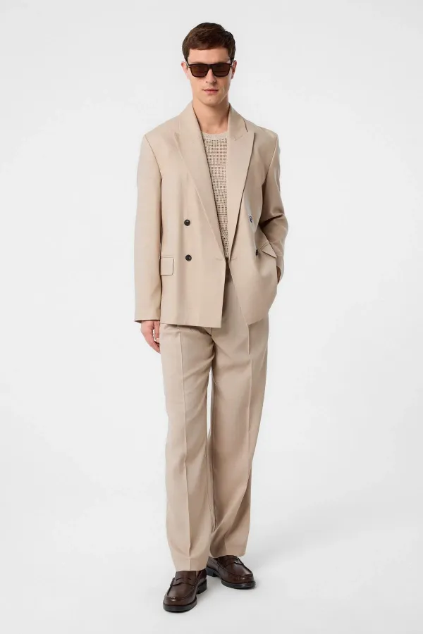 Antioch Bej Relax Fit Keten Karışımlı Erkek Blazer Ceket