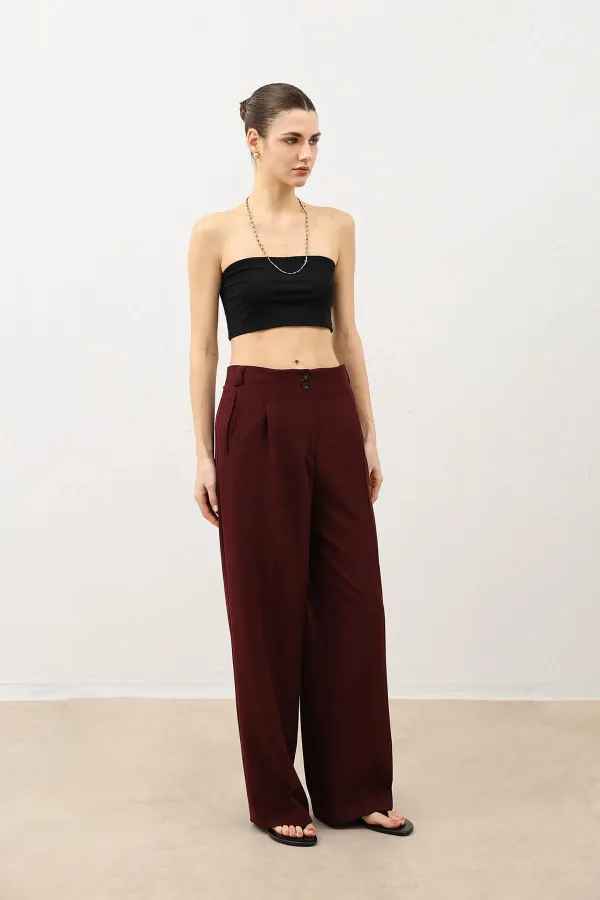 Antioch Burgundy Wide Leg Women's Trousers with Pens Detail