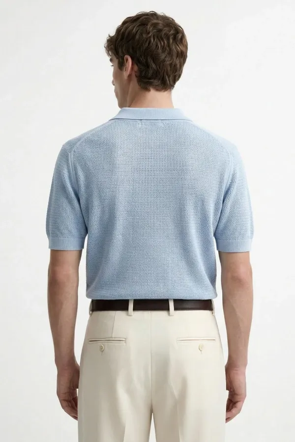 T-shirt homme à col polo texturé en maille bleue Antioch