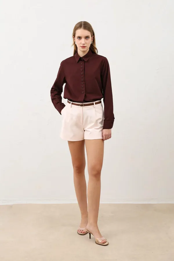 Antioch Bordo Düğme Detaylı Poplin Gömlek